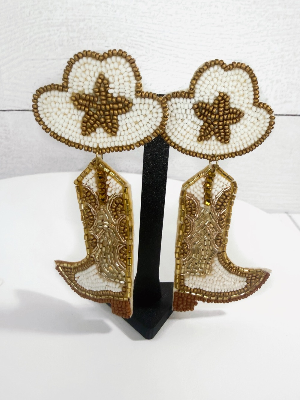 Boutique White, Gold, & Brown Hand-Beaded Cowgirl Boot Dangle Earrings — NWT